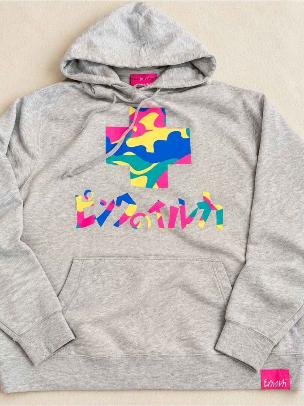 Pink Dolphin Gray Hoodie with Neon Pink, Blue & Yellow Graphic